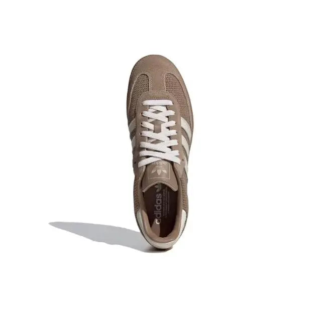Samba OG sneaker toe-on view, brown upper with white laces and stripes