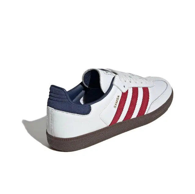 Adidas Samba OG leather sneakers, navy collar lining with white upper and red stripes