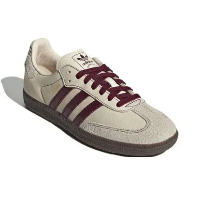 Adidas Samba OG shoes, off-white suede with maroon stripes and lace, dark sole