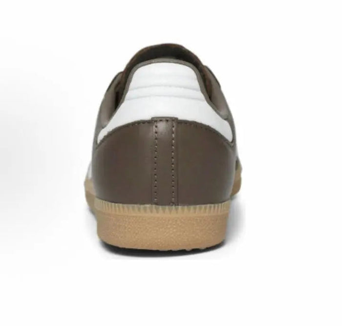 Back view of brown Samba sneakers with white heel panel and gum sole