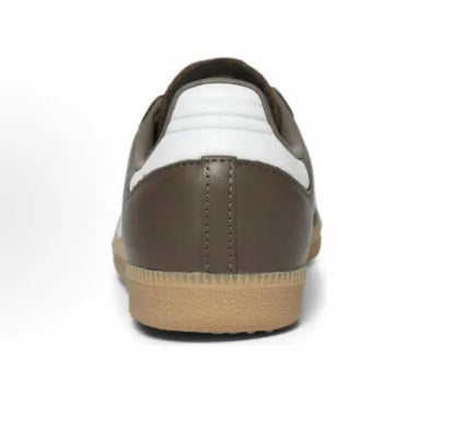 Back view of brown Samba sneakers with white heel panel and gum sole