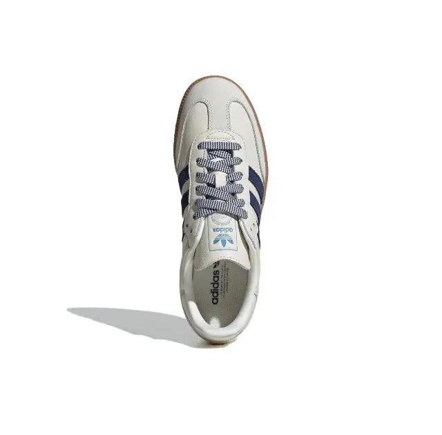 Samba OG low-top sneakers, white leather with navy lace-ups and gum sole