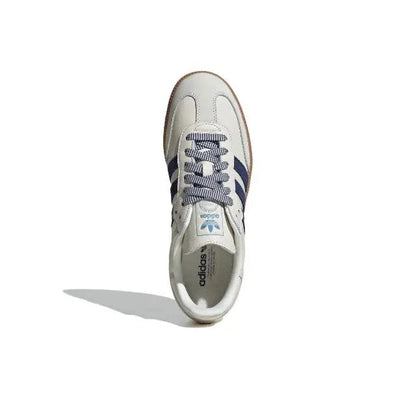 Samba OG low-top sneakers, white leather with navy lace-ups and gum sole