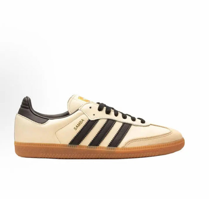 Adidas Samba OG low-top sneakers, beige leather with black stripes and tan gum sole