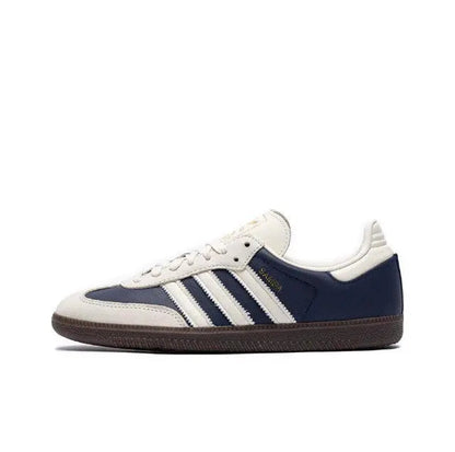 Adidas Samba OG sneakers with white leather upper, navy accents, lace-up