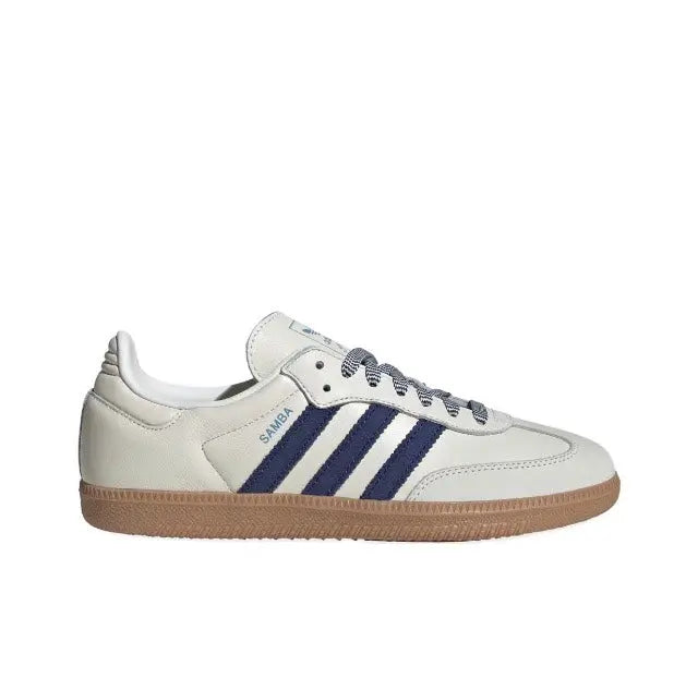 Samba OG low-top sneakers in white leather with navy stripes and gum rubber sole