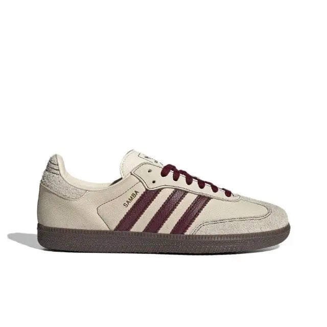 Adidas Samba OG shoes, off-white upper with maroon laces and three dark stripes