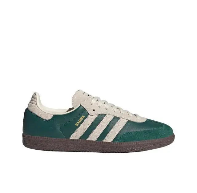 Adidas Samba OG low sneakers, green suede upper with white stripes and cream collar