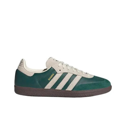Adidas Samba OG low sneakers, green suede upper with white stripes and cream collar
