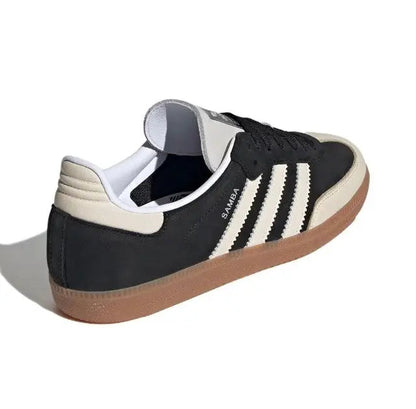 Adidas Samba OG sneakers heel view, black leather with white stripes