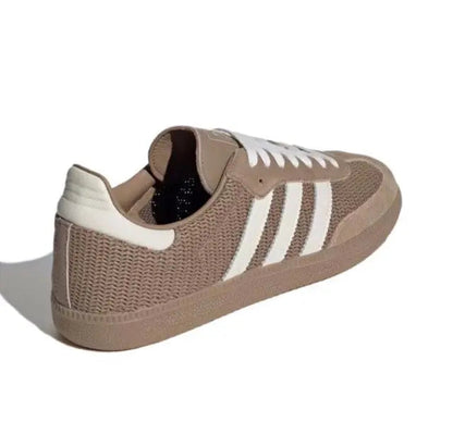 Samba OG sneaker heel-toe view, brown knit with white stripes, padded collar