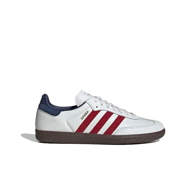 Adidas Samba OG leather sneakers, white with red striped side and navy heel tab