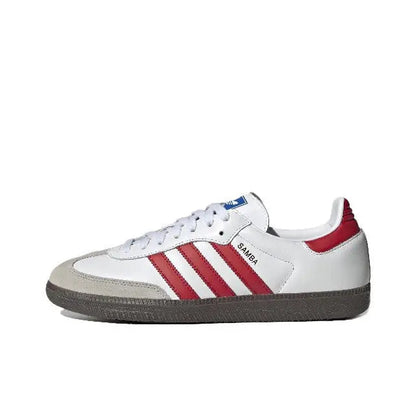 Adidas Samba vegan sneakers, white leather with red stripes and gray sole