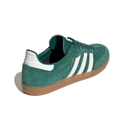 Adidas Samba Vegan sneakers, dark green suede heel with white 3-Stripes and gum sole