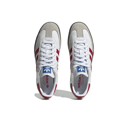 Adidas Samba vegan sneakers, white uppers with red heel accents and white laces