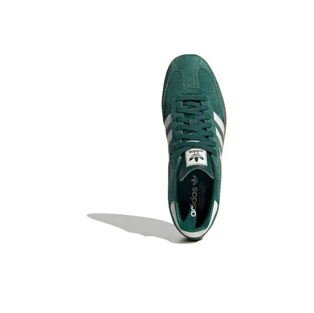 Adidas Samba Vegan sneakers, dark green suede with visible interior lining and lace-up