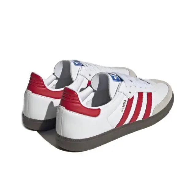 Adidas Samba vegan sneakers, white leather with red heel collar and striped side panel