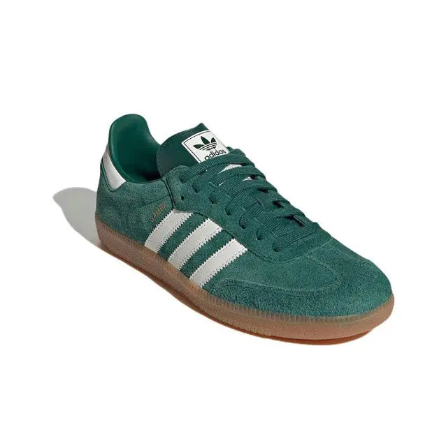 Adidas Samba Vegan sneakers, dark green suede front with white 3-Stripes and gum sole