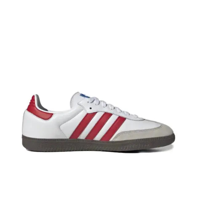 Adidas Samba vegan sneakers, white leather with red stripes and gray rubber sole