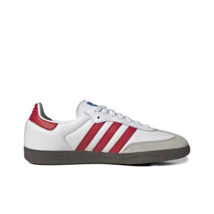 Adidas Samba vegan sneakers, white leather with red stripes and gray rubber sole
