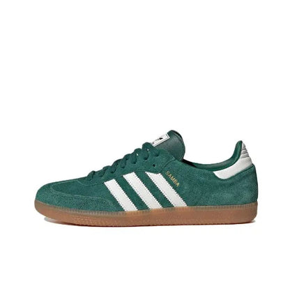 Adidas Samba Vegan sneakers, dark green suede side profile with white 3-Stripes and gum sole
