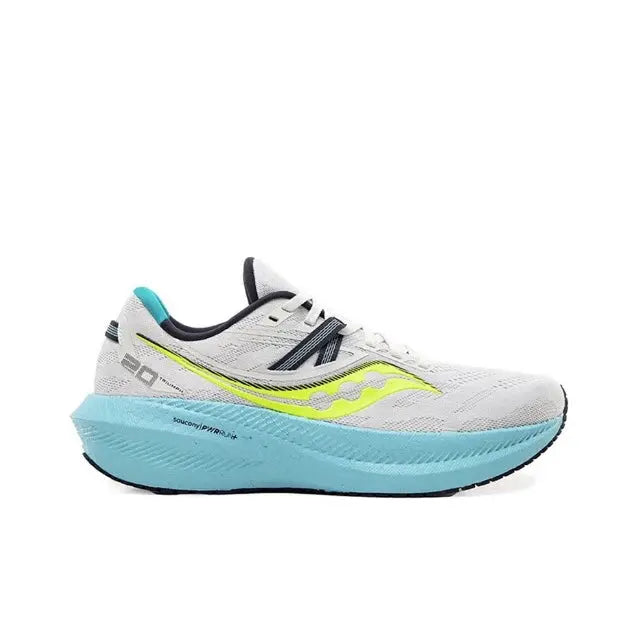 Light gray running shoe with neon yellow and light blue sole, mesh upper