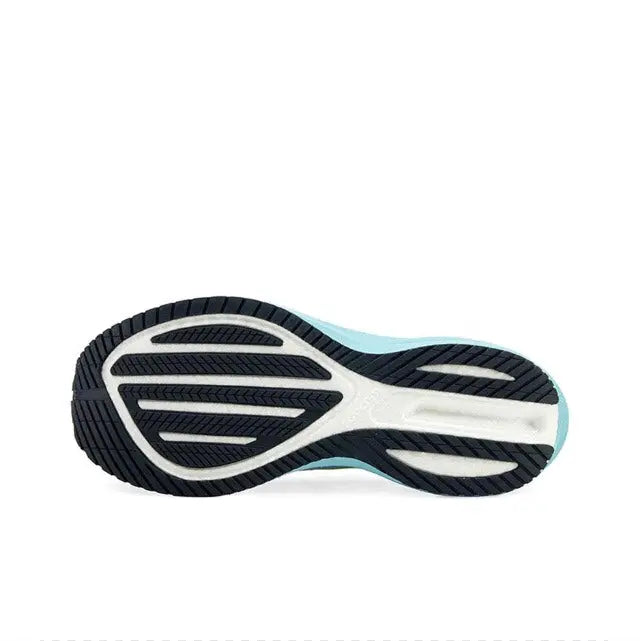 Shoe outsole with black traction pods and white midfoot, light blue heel section