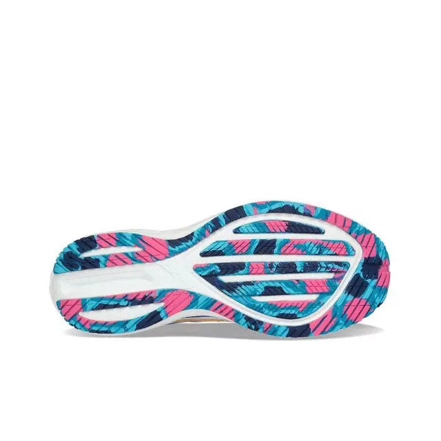 White and blue outsole with pink patterned tread on athletic running shoe