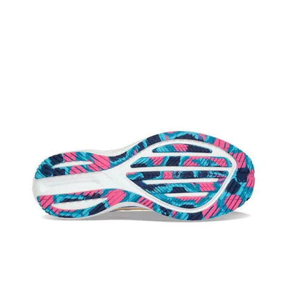 White and blue outsole with pink patterned tread on athletic running shoe