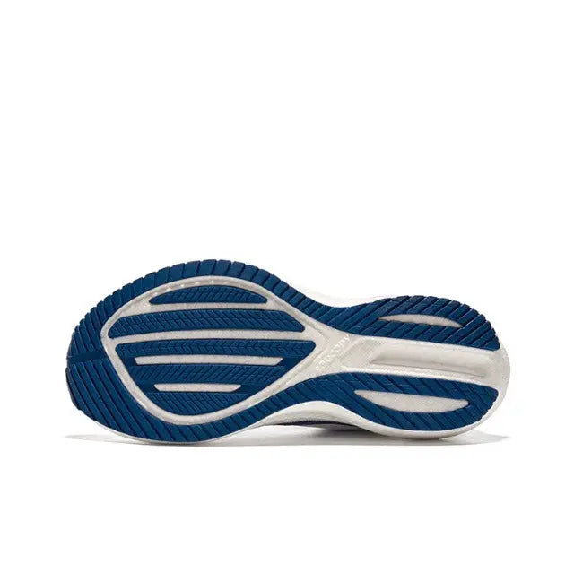 Shoe outsole with blue traction tread and white support stripes