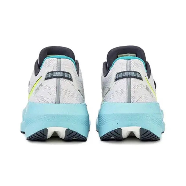 Back view running shoes in light gray with dark heel tabs and light blue cushioning
