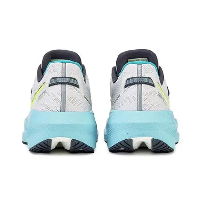Back view running shoes in light gray with dark heel tabs and light blue cushioning