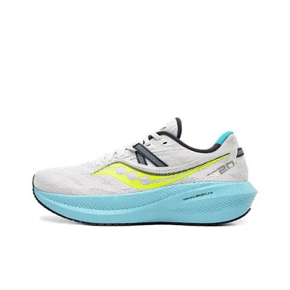 Running shoe in light gray with neon yellow swoosh, blue midsole and lace-up top