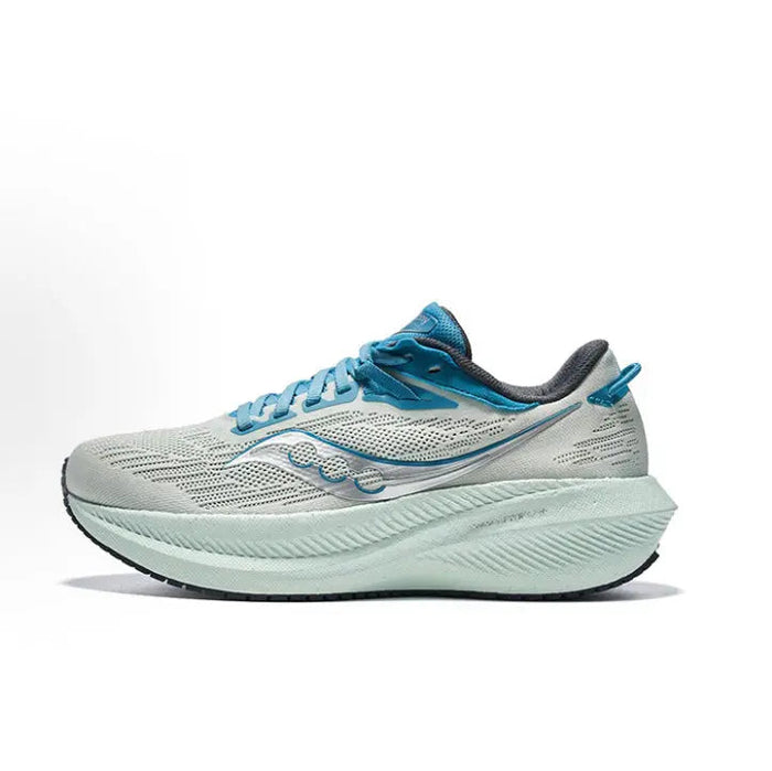 Light gray and teal running shoe with lace-up upper and cushioned sole