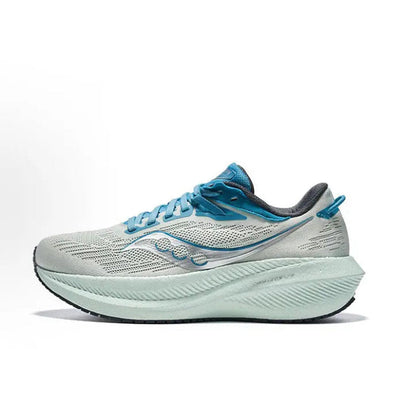 Light gray and teal running shoe with lace-up upper and cushioned sole