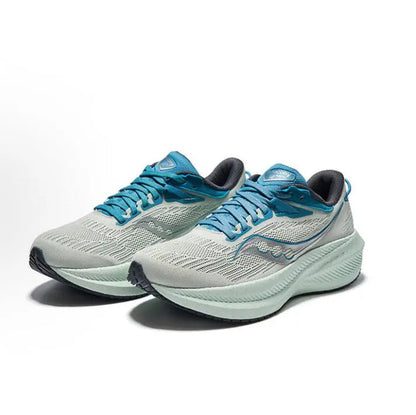 Light gray and teal lace-up running shoes, side view, with textured mesh upper