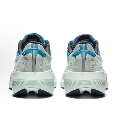 Pair of light gray running shoes, rear view, with blue collar and heel tab