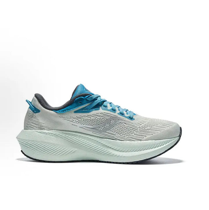 Light gray and teal running shoe, side profile with lace-up closure and logo panel