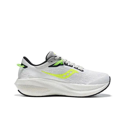 Saucony Triumph 21 running shoes profile, white mesh with neon green logo and black collar