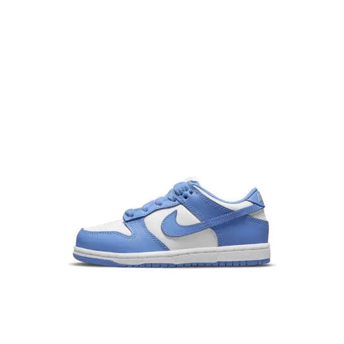 Nike SB Dunk Low low-top sneakers, blue and white leather with swoosh and laces