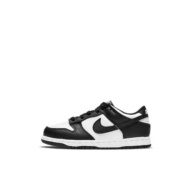 Nike SB Dunk Low low-top sneakers, white and black with Swoosh and lace-up front
