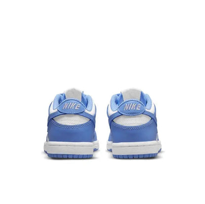 Back view of low-top sneakers with Nike heel tab and blue ankle panels