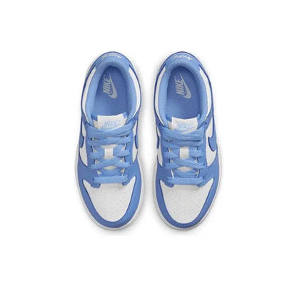 Low-top sneakers showing blue tongue label and lace-up front in white and blue