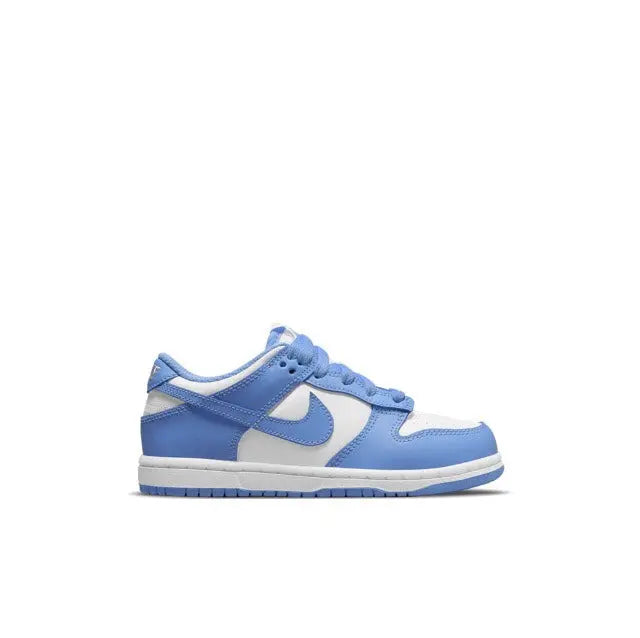 Low-top sneaker side profile in blue and white with lace-up and rubber sole