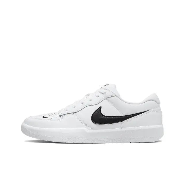 White low-top skate sneaker with black Nike Swoosh and lace-up front