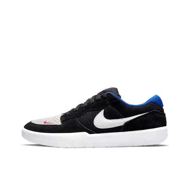 Nike SB Force 58 low-top skate sneaker with black upper, white Swoosh, blue accents