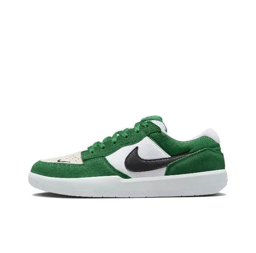 Green and white low-top sneakers with black Swoosh and white rubber sole