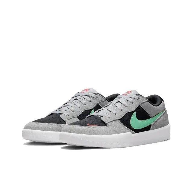 Nike SB Force 58 low-top skate shoe, grey canvas with black panel and green swoosh