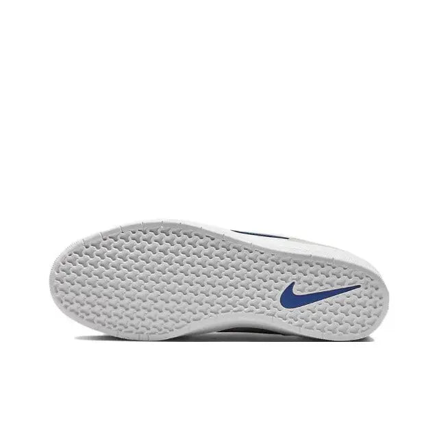 Low-top skate shoes outsole, textured white rubber with blue Swoosh detail.