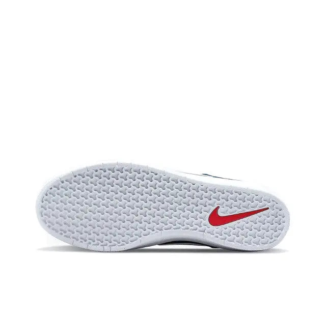 White rubber outsole with red Nike logo on blue-green skate shoe